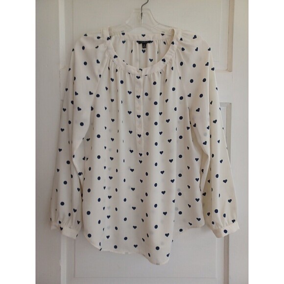 Talbots navy ivory heart print blouse M classic office pullover polyester modest - Picture 1 of 9